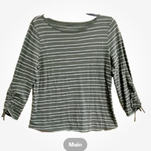 Talbots Women Size L Pullover Top Blouse Cotton Knit Olive Green White Striped - Picture 1 of 6